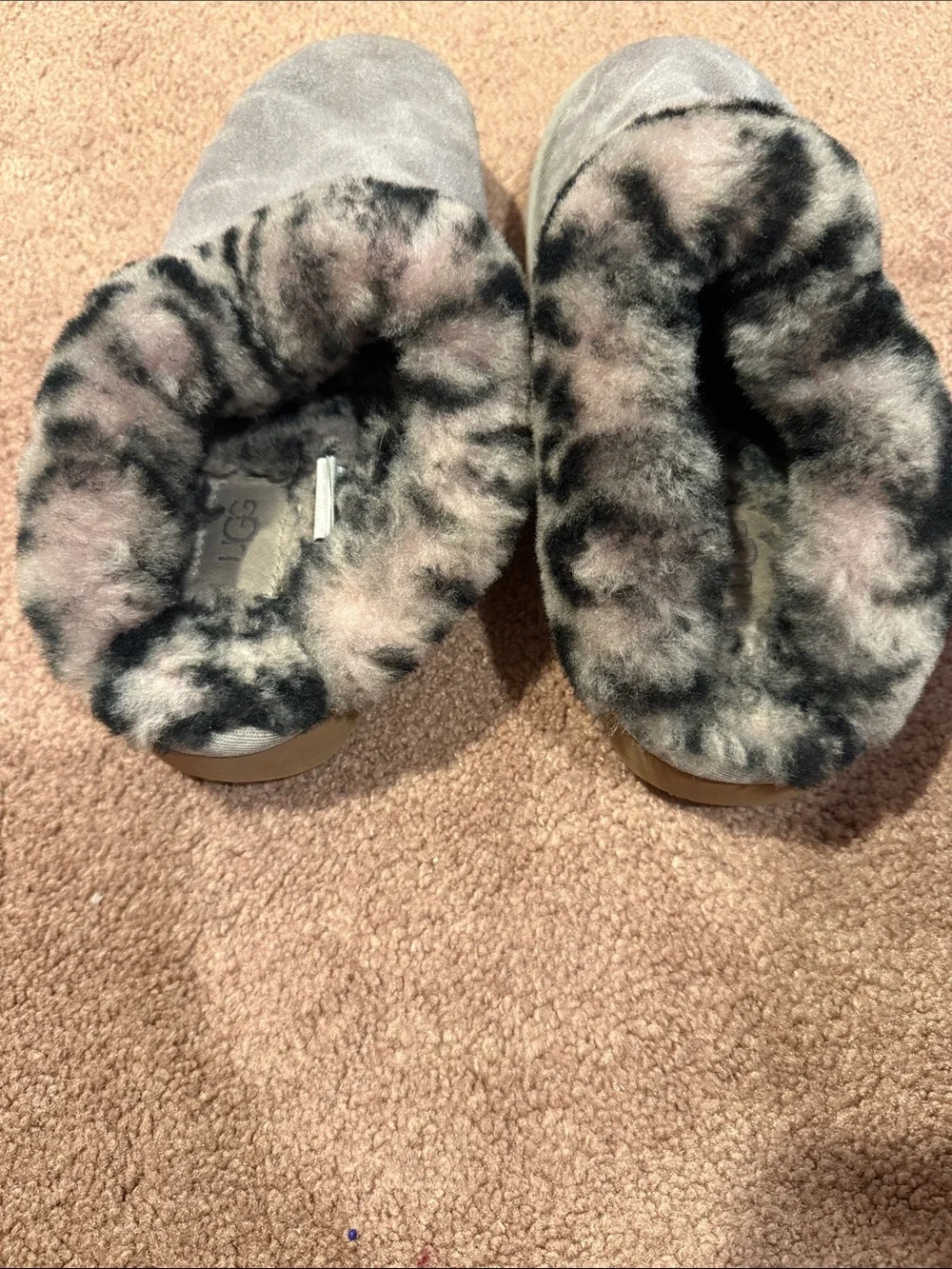 UGG Kids Gray Suede Slip-On Slippers with Faux Fur Cuff